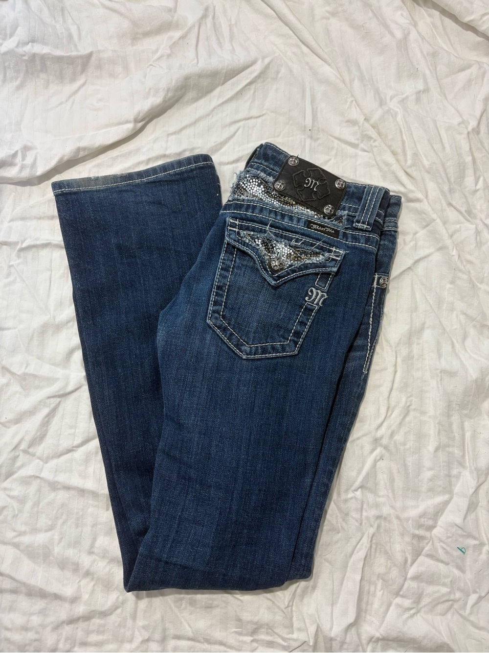 Vintage Miss Me Women's Embellished Dark Blue Bootcut Jeans- Size 27. 32” inseam